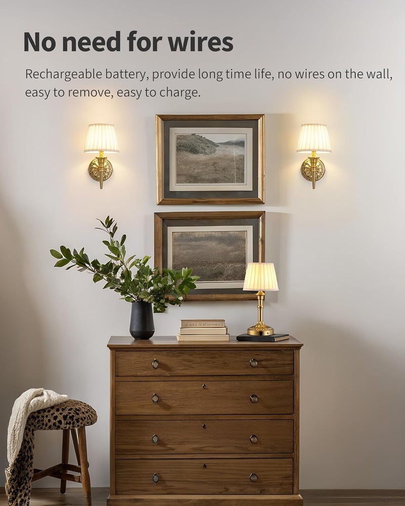 KDG Cordless Wall Sconces Set of 2, Small Wireless 5200mAh Rechargeable Battery Fabric LED Wall Lamps, Portables Lightings for Wall Painting, Living Room, Bedroom, Hallway, Gifts, Night Light (Gold) - Image 3